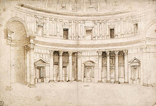 رسمٌ داخليٌّ للبانثيون (رسمٌ لرافائيل قبل التغييرات اللاحقة على المستوى العلوي) يُظهر المحاريب والأضرحة