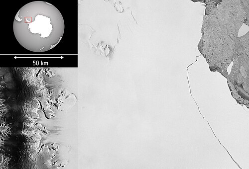 صور رادارية من القمر الصناعي Sentinel-1B التابع لوكالة الفضاء الأوروبية، تم التقاطها في 12 يوليو 2017، تُظهر الانقطاع الكامل