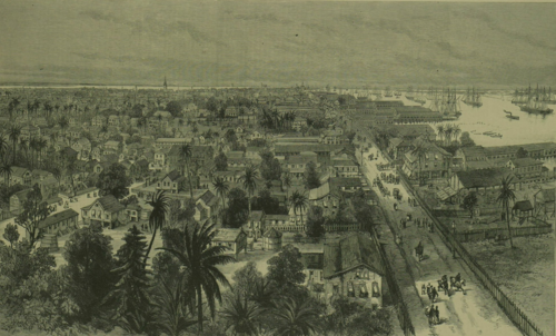 Sketch of Georgetown, Demerera, British Guiana showing the town on the left, people and horses walking on the main waterfront street, and the harbour on the right, filled with ships