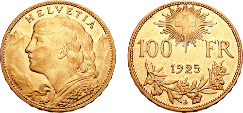 على عملة ذهبية من فئة 100 فرنك سويسري صدرت عام 1925.