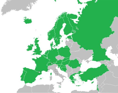 خريطة لدول أوروبا وشمال أفريقيا وغرب آسيا تُظهر الحدود في عام 1994؛ المشاركون في المسابقة في عام 1994 مُلونون باللون الأخضر