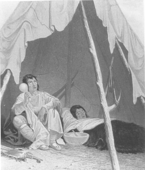 نقش يعود لعام 1857 يصور رجلاً من السكان الأصليين الأمريكيين مريضاً يتلقى الرعاية من معالج من السكان الأصليين