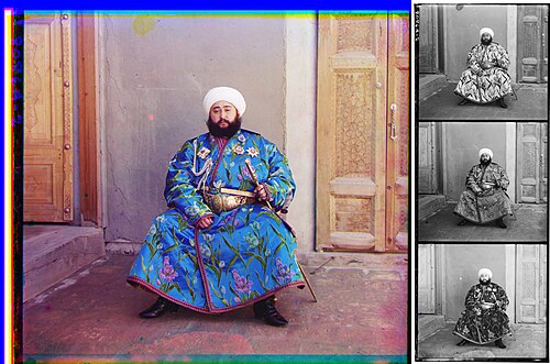 صورة ملونة كبيرة ملاصقة (إلى يمينها) لعمود من ثلاث نسخ بالأبيض والأسود متراصة لنفس الصورة. تختلف كل صورة من الصور الثلاث الأصغر حجمًا بالأبيض والأسود اختلافًا طفيفًا، نتيجة لتأثير مرشح الألوان المستخدم. تختلف كل صورة من الصور الأربع في اللون فقط، وتصور رجلاً ملتحيًا معممًا، يجلس في زاوية غرفة فارغة، مع باب مفتوح على يمينه وباب مغلق على يساره. يرتدي الرجل رداءً أزرق طويلًا مزخرفًا بحواف من شريط أحمر وأسود منقوش. القماش الأزرق مزين برسومات لأغصان زهور بيضاء وأرجوانية وزرقاء. يرتدي حزامًا ذهبيًا مزخرفًا، وفي يده اليسرى سيف ذهبي مع غمده. أسفل حزام كتفه الأيمن توجد شارة بيضاء؛ مثبتة على ردائه عبر صدره العلوي أربع شارات متعددة الرؤوس بأشكال مختلفة، ربما تكون أوسمة عسكرية أو ملكية.