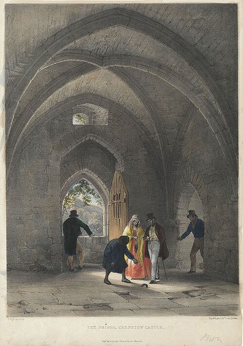"السجن" [sic]، قلعة تشيبستو، 1860. من المحتمل أن هذه الغرفة كانت تستخدم كقبو نبيذ.