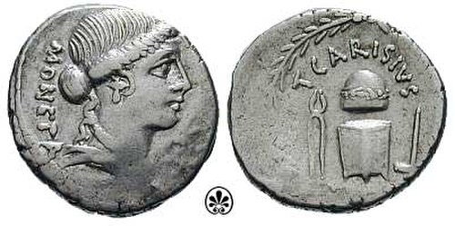 ديناريوس روماني أصدره تي. كاريسيوس (46 قبل الميلاد) يظهر فيه قالب الصائغ، والسندان، والمطرقة، والملقط.