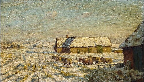 فرانز كوروان، شتاء في جزيرة سيلت، زيت على خشب، 24 سم × 38 سم (9.5 بوصة × 15 بوصة)، بدون تاريخ.