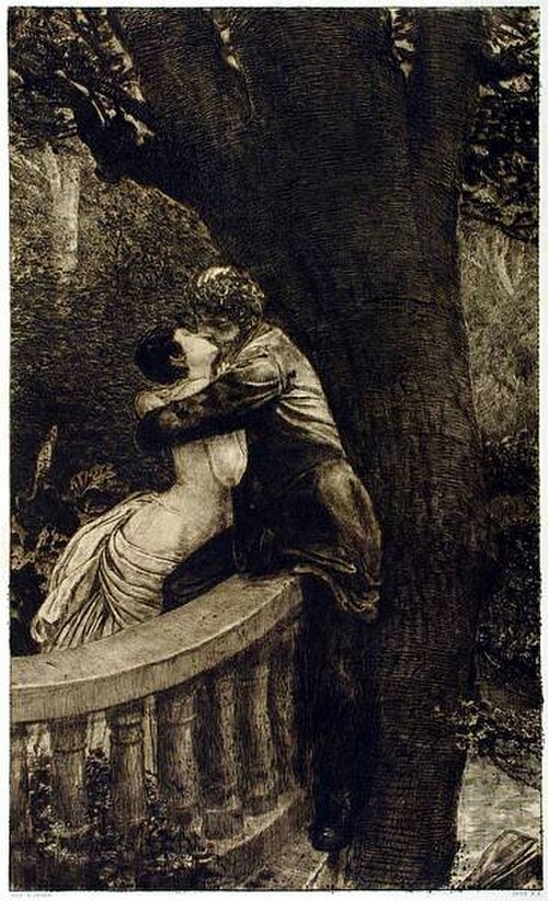 قبلة في الحديقة، من سلسلة "حب"، العمل العاشر، رقم 4 (1887)، نقش وحفر، 45.4 × 27.4 سم