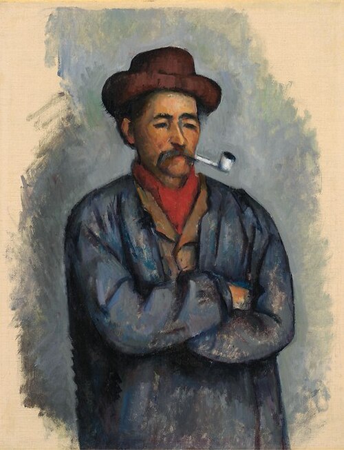 بول سيزان، 1890-1892، رجل يحمل غليونًا (دراسة للاعبي الورق)، زيت على قماش، 39 × 30.2 سم، متحف نيلسون-أتكينز للفنون، مدينة كانساس
