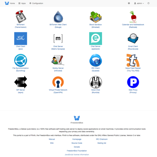 لقطة شاشة للصفحة الرئيسية لموقع FreedomBox