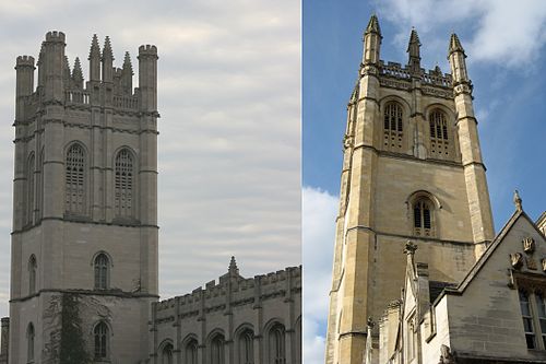 مقارنة بين التصميم المعماري المتشابه لبرج ميتشل في شيكاغو على اليسار وبرج ماجدالين في أكسفورد على اليمين.