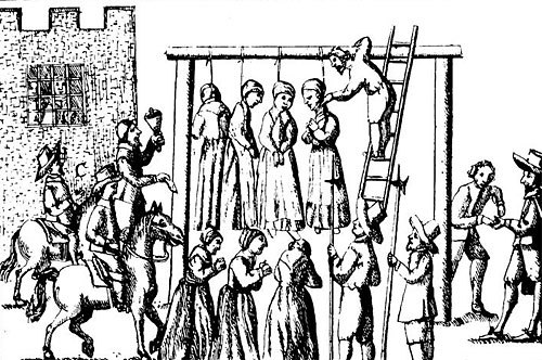 صورة لنساء يُشتبه في قيامهن بالسحر أثناء شنقهن في إنجلترا، نُشرت عام 1655