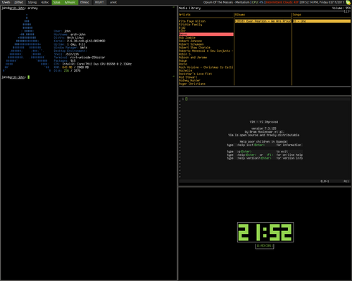 نظام ملفات ويندوز مع فتح urxvt و ncmpcpp و Vim و tty-clock