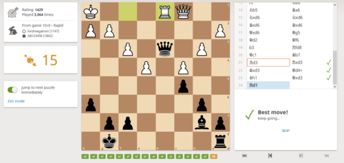 لعبة Puzzle Streak، حيث يقوم اللاعبون بحل ألغاز الشطرنج المتزايدة الصعوبة حتى يتم ارتكاب خطأ.