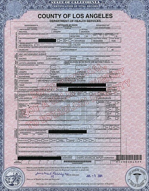 ورقة بيضاء تحتوي على معلومات شخصية عن وفاة شخص ما. كُتبت الورقة بالكامل باللون الأسود، مع وجود أقسام متعددة مُظللة.