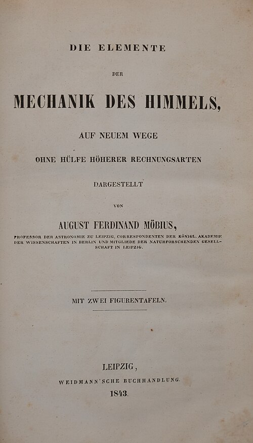 صفحة عنوان لنسخة 1843 من Die Elemente der Mechanik des Himmels