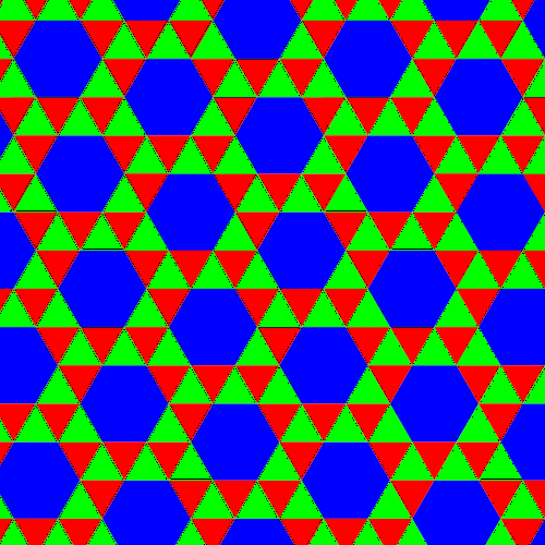 تبليط ثلاثي سداسي الأضلاع (مع تجاهل الألوان: ص6)؛ يتم تدوير متجهات الإزاحة قليلاً إلى اليمين مقارنةً بالاتجاهات في الشبكة السداسية الأساسية للصورة