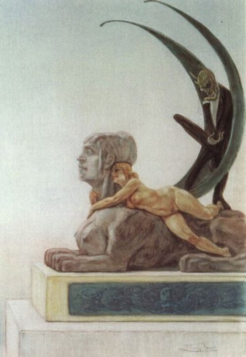 أبو الهول، رسم توضيحي لـ Les Diaboliques بقلم Jules Barbey d'Aurevilly (1879) بالقلم الرصاص والألوان المائية (25 × 18 سم) بروكسل