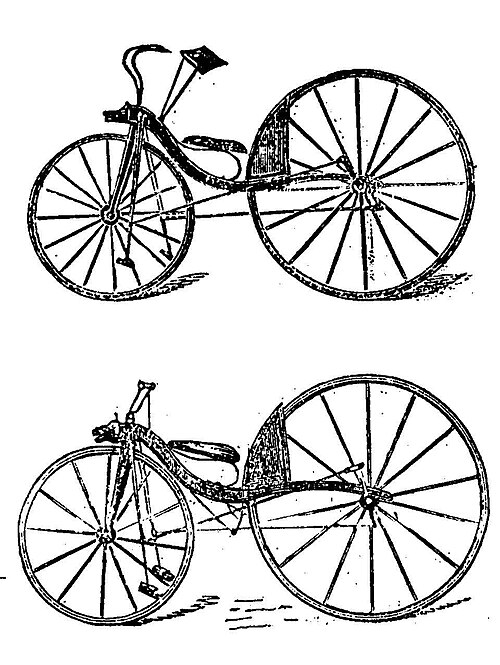 أول دراجة هوائية (في الأعلى) من تصميم ماكول، والتي تم تحسينها عام 1869، والتي يعود تاريخها لاحقًا إلى عام 1839 ونُسبت إلى ماكميلان