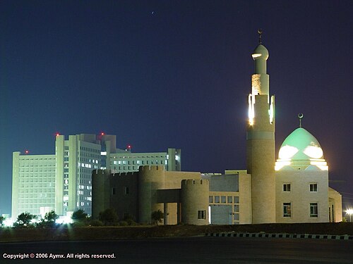 مستشفى الملك عبد الله الجامعي ومسجد جامعة العلوم والتكنولوجيا ليلاً.