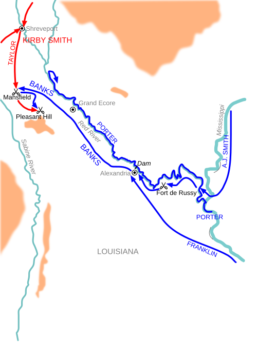 A map of northern Louisiana showing Banks' bold sweep towards Shreveport with a blue arrow