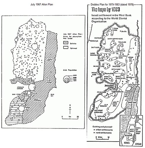 صور متجاورة لخطتين حكوميتين إسرائيليتين للضفة الغربية: خطة ألون لعام 1967 وخطة دروبليس لعام 1978
