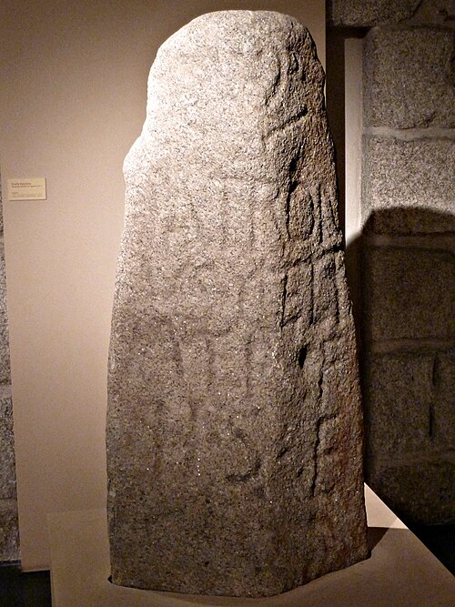 لوحة حجرية مجسمة عليها نقش لاتيني، وأسماء بشرية محلية (من فيرين، أورينسي، غاليسيا): LATRONIUS CELTIATI F(ilius) H(ic) S(itus) E(st)