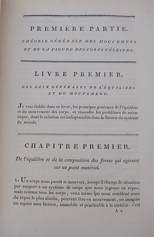 الصفحة الأولى من المجلد الأول من "Traité de mécanique céleste" (1799)
