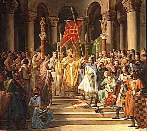 الملك فيليب الثاني ملك فرنسا يتسلم راية أوريفلام من الأسقف قبل ذهابه إلى الحرب (القرن الثالث عشر، لوحة عام 1841)