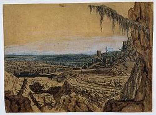 سيغرز، منظر طبيعي مع أشجار التنوب المتدلية، حوالي 1615-1630؛ نقش على ورق، ملون يدويًا