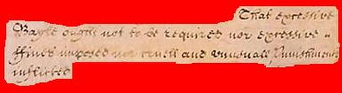 صورة من وثيقة الحقوق الإنجليزية لعام 1689 التي تنص على أنه "لا ينبغي اشتراط كفالة مفرطة، ولا فرض غرامات مفرطة، ولا إنزال عقوبات قاسية وغير عادية".
