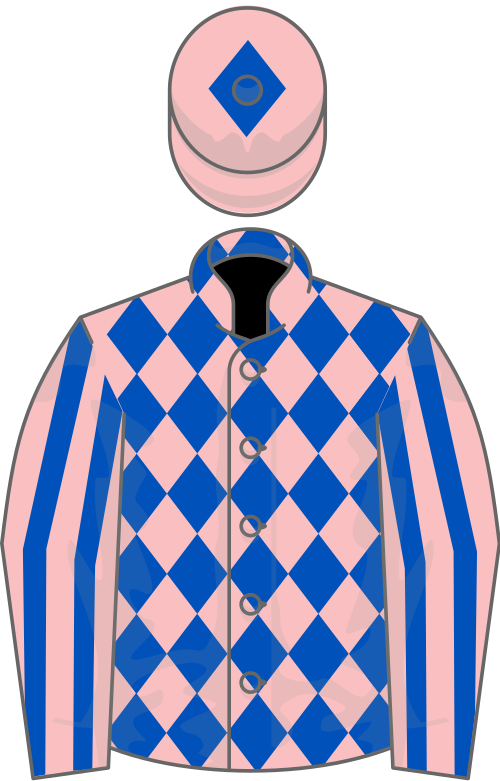 Pink, royal blue diamonds, striped sleeves and diamond on cap