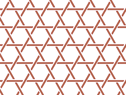 رسم تخطيطي لتقنية نسج الخيزران ثلاثية السداسية؛ تتداخل الحدود التي تشكل سداسي واحد داخل النسيج بطريقة عكس اتجاه عقارب الساعة.