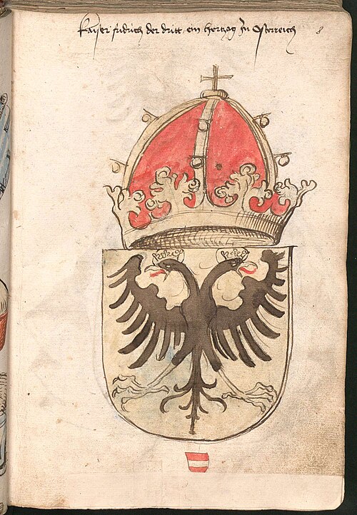 الشعار الإمبراطوري لفريدريك الثالث (حكم من 1452 إلى 1493) في كتاب شعارات النبالة لفيرنيغيرود (حوالي 1490)