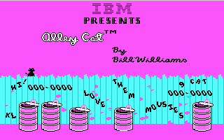 مثال على رسومات CGA نموذجية بدقة 320 × 200 في لعبة "Alley Cat"، وهي لعبة مبكرة من ألعاب IBM PC ذاتية التشغيل