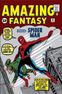 غلاف فني لسبايدرمان، مع حروف صفراء كبيرة "Amazing Fantasy".