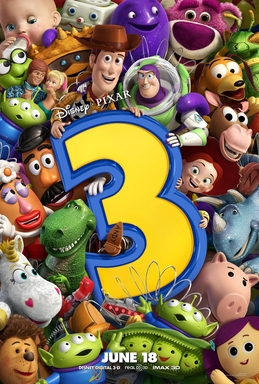 جميع الألعاب متجمعة بالقرب من بعضها البعض، وتحمل الرقم "3" الكبير، مع باز، الذي يضع ذراعه الودودة حول كتف وودي، ووودي يحمل الجزء العلوي من الرقم "3". تاريخ الإصدار "18 يونيو" معروض في الأسفل.