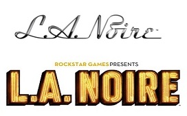 تُظهر الصورة العلوية الشعار الأصلي: "LA Noire"، مكتوبًا بخط فضي وأسود لامع ومتصل. أما الصورة السفلية فتُظهر الشعار النهائي: "ROCKSTAR GAMES PRESENTS" فوق "LA Noire"، مكتوبًا بخط أصفر وأسود أكثر سمكًا.
