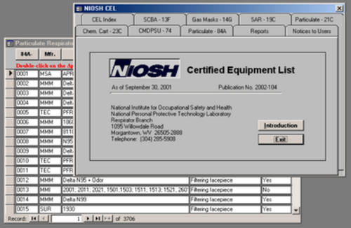 لقطة شاشة لبرنامج NIOSH CEL الأولي مع جهاز تنفس مزود بجداول زمنية، ونافذة مفتوحة تحتوي على أجهزة تنفس TC-84A