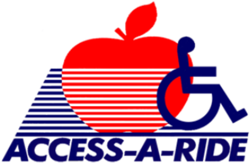 شعار خدمة "Access-A-Ride"، ويتكون من تفاحة حمراء، ورمز أزرق للوصول إلى الكراسي المتحركة، والنص الأزرق "Access-A-Ride".