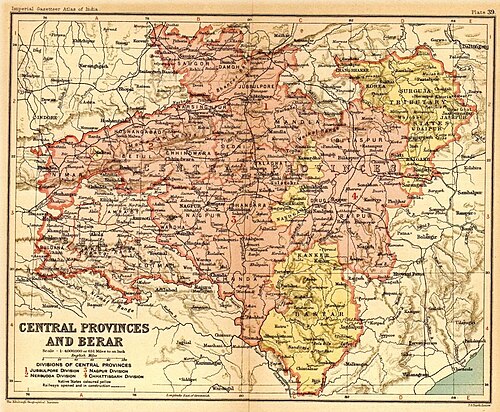 خريطة عام 1908 للمقاطعات الوسطى وبرار. أُضيفت برار عام 1903.