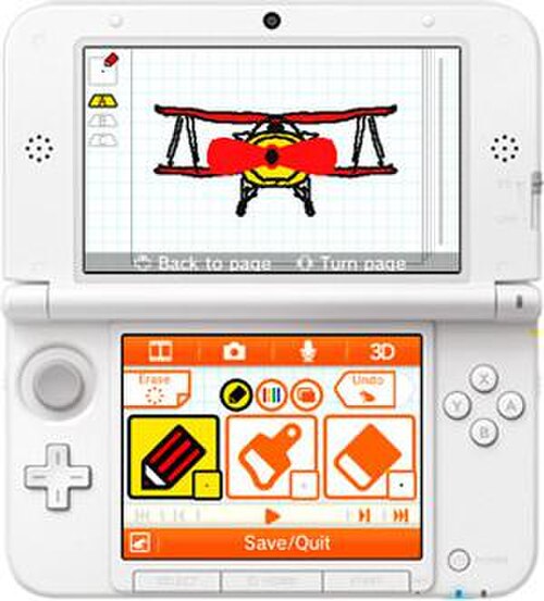 برنامج Flipnote Studio 3D يعمل على جهاز 3DS XL أبيض اللون. شاشة اختيار الأدوات مفتوحة في أسفل الشاشة.