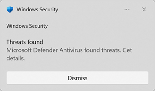 لقطة شاشة لإشعار Windows Defender في نظام التشغيل Windows 8، والذي يُفيد باتخاذ إجراء لتنظيف البرامج الضارة المكتشفة.