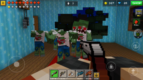 لقطة شاشة من لعبة Pixel Gun 3D. يقاتل اللاعب حشدًا من الزومبي باستخدام بندقية.