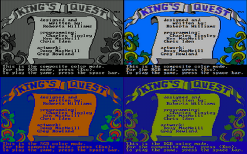 لعبة King's Quest. أعلى: اللعبة في وضع الفيديو المركب؛ أسفل: اللعبة في وضع RGB؛ يسار: مع شاشة RGB؛ يمين: مع شاشة الفيديو المركب.