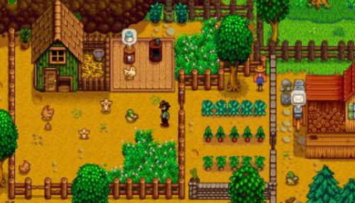 لقطة شاشة من لعبة Stardew Valley تُظهر شخصية اللاعب في مزرعة، محاطة بالمحاصيل وحيوانات المزرعة ومباني المزرعة.