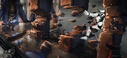رسم توضيحي لجندي عاصفة إمبراطوري يُقذف عبر أعمدة صخرية ضخمة بواسطة خصم يستخدم القوة