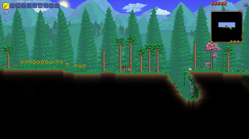 لقطة شاشة من لعبة Terraria، تُظهر الأشجار، وعباد الشمس، وشخصية اللاعب، وشخصية الدليل غير القابلة للعب.