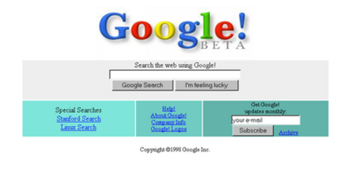 الصفحة الرئيسية لشركة جوجل في عام 1998