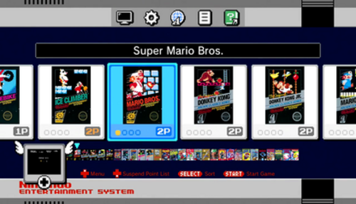 قائمة ألعاب جهاز NES Classic Edition، تعرض عناوينها حسب تاريخ الإصدار. يظهر في الصورة من اليسار: Excitebike، وIce Climber، وSuper Mario Bros.، وDonkey Kong، وDonkey Kong Jr.، وMario Bros.