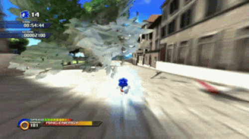 ينطلق سونيك بسرعة عبر شوارع المدينة في إحدى مراحل لعبة Sonic Unleashed، وهي عالم ذو طابع أوروبي يُسمى Rooftop Run.